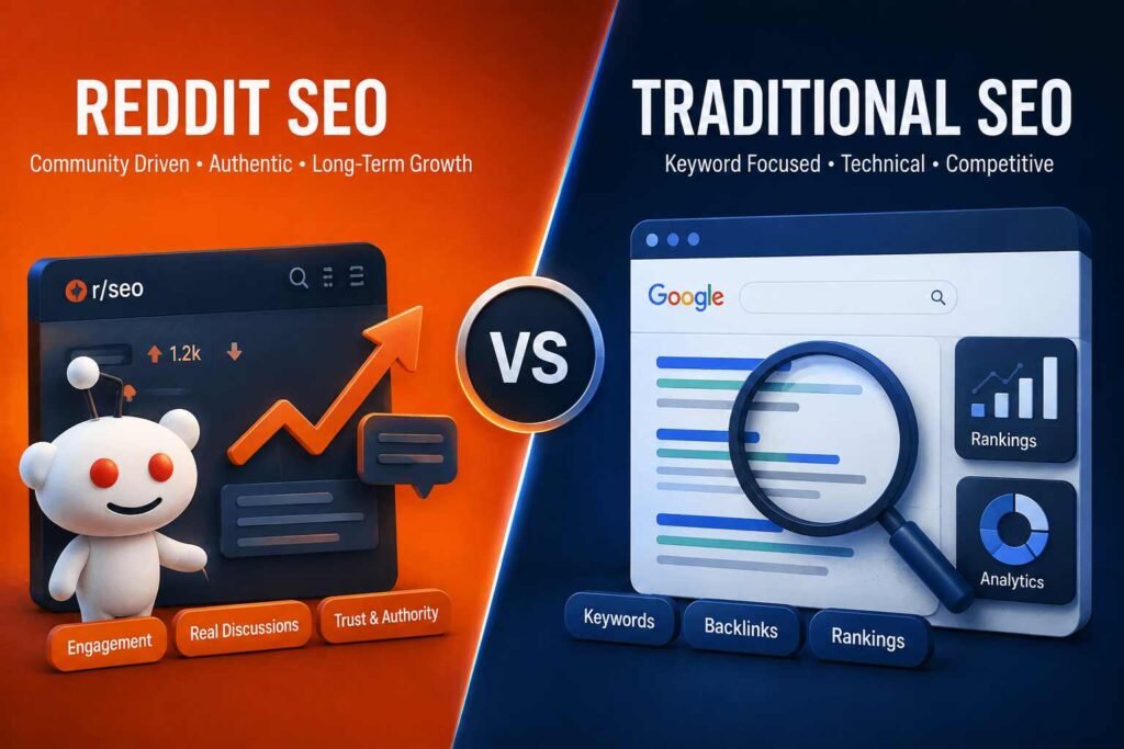 
Reddit SEO focuses on building visibility and trust through Reddit, while traditional SEO focuses on improving a website’s rankings in search engines.
